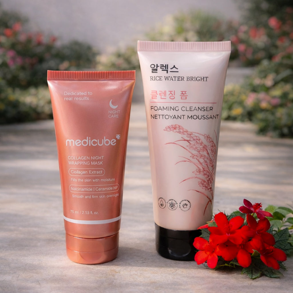 Tevoit Glass Skin Duo – Rice Cleanser + Collagen Night Mask for Hydration & Glow